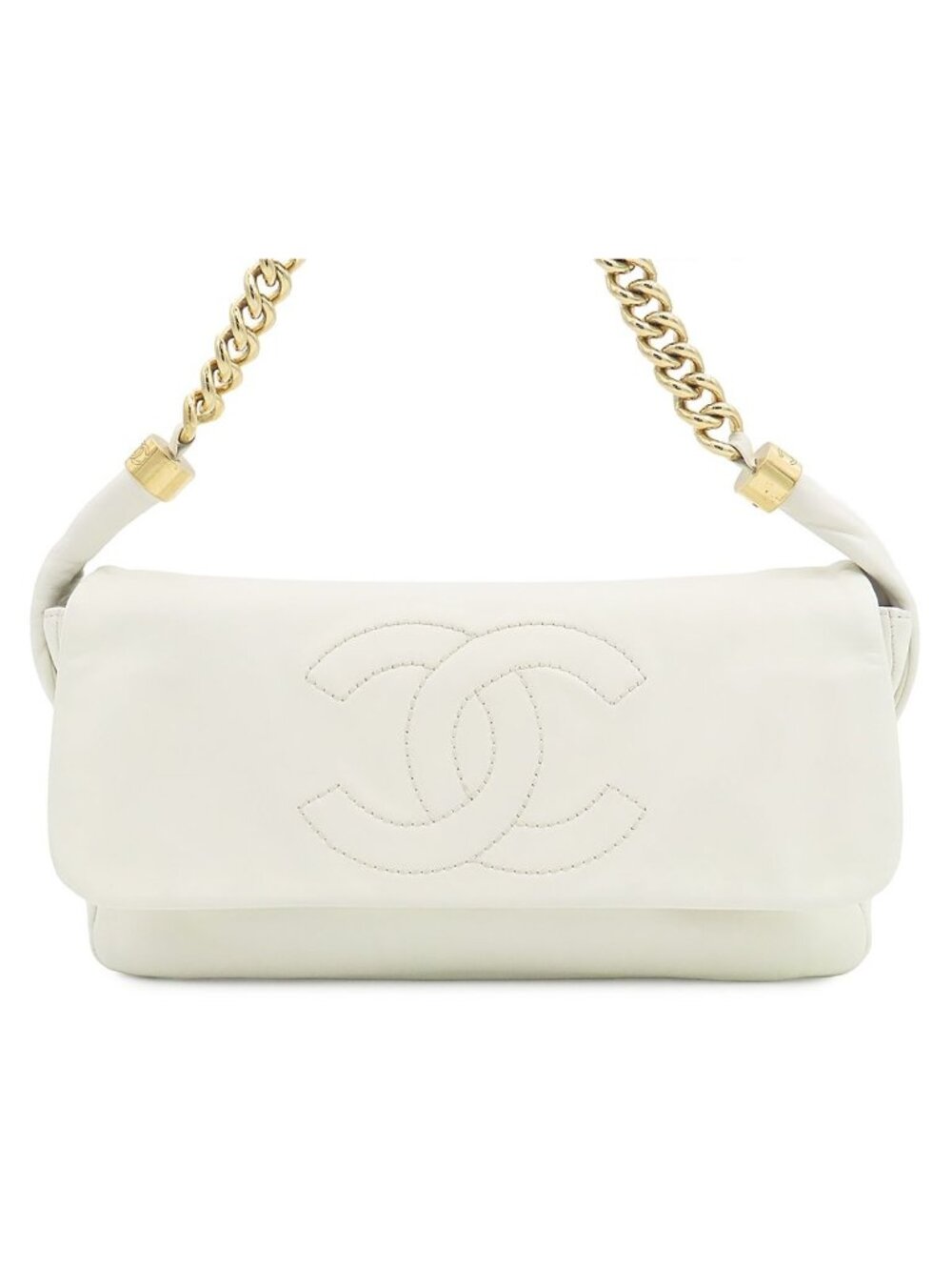 Chanel Chain Shoulder Bag 2-Way Clutch CC Logo White Gold Leather
